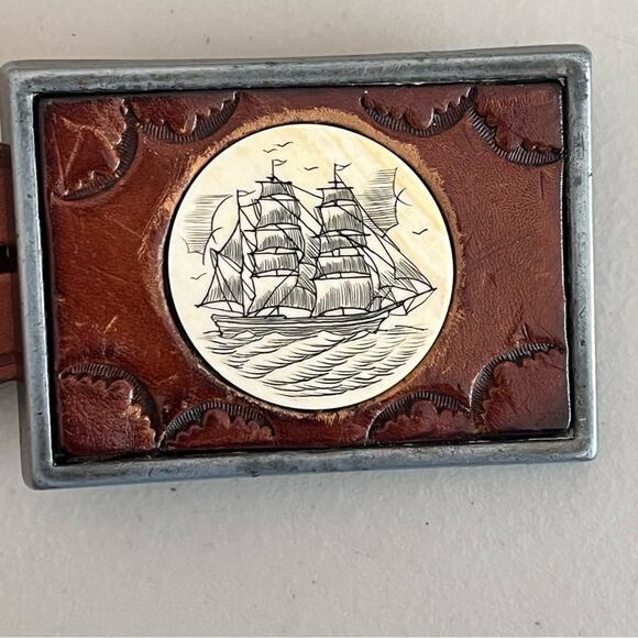 Vintage Scrimshaw Leather and Brass Belt Buckle Sailboat Clipper Ship 36” Belt - Picture 2 of 8
